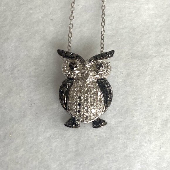 Sterling Silver 925 Black White Owl Single Diamond Pendant Necklace 18" Chain - Picture 4 of 16
